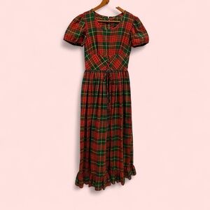 Vintage 60’s-70’s Sears Jr. Bazaar red green corset waist maxi ruffle dress